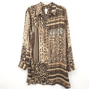 Chico's semi sheer animal print button up tunic top Size 3 (XL) brown old money